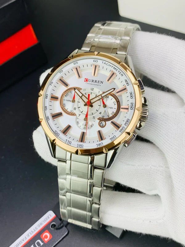 CURREN 8363 - Stainless Steel Chain Chronograph Working Watch For Men's